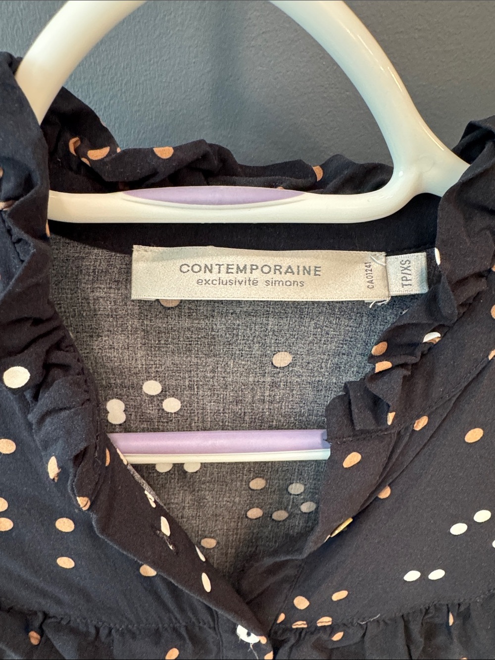 Contemporary navy Ruffle Dot Button-Up Blouse - Picture 3 of 6